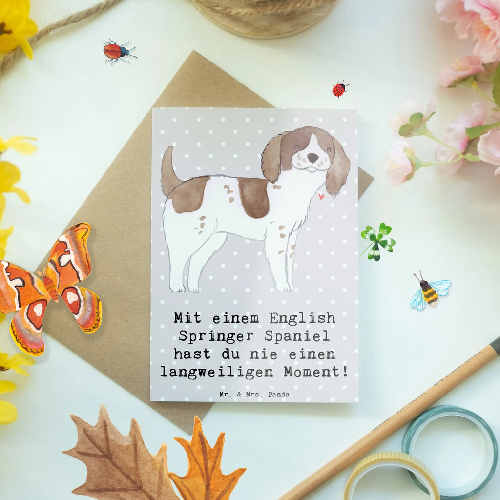 Greetings card Mit einem English Springer Spaniel hast du nie einen langweiligen Moment! Karte, Einladungskarte, Grußkarte, Hochzeitskarte, Glückwunschkarte, Klappkarte, Ansichtskarten, Geburtstagskarte, Hund, Hunderasse, Rassehund, Hundebesitzer, Geschenk, Tierfreund, Schenken, Welpe
