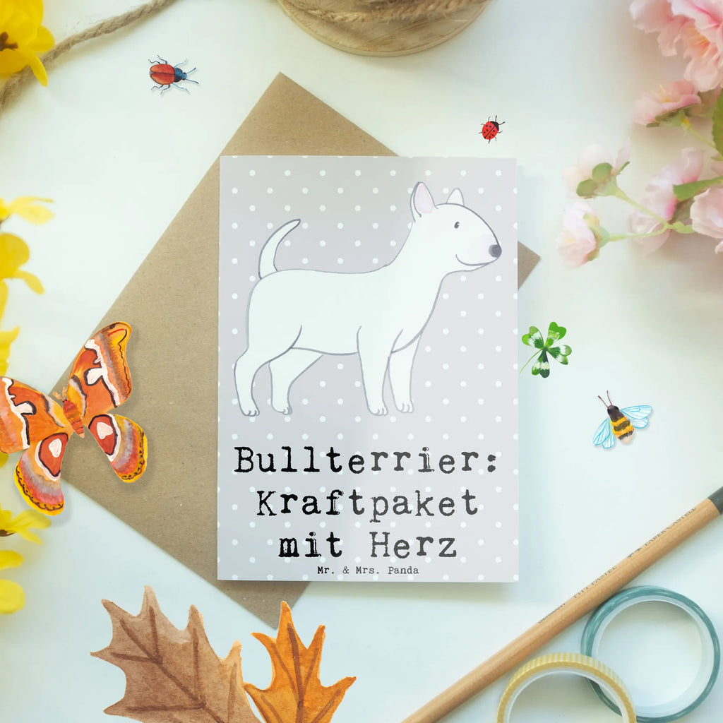 Greetings card Bullterrier: Kraftpaket mit Herz Klappkarte, Geburtstagskarte, Ansichtskarten, Glückwunschkarte, Hochzeitskarte, Grußkarte, Einladungskarte, Karte, Hund, Hunderasse, Rassehund, Hundebesitzer, Geschenk, Tierfreund, Schenken, Welpe