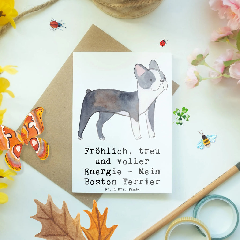 Greetings card Fröhlich, treu und voller Energie - Mein Boston Terrier Glückwunschkarte, Geburtstagskarte, Grußkarte, Ansichtskarten, Einladungskarte, Karte, Klappkarte, Hochzeitskarte, Hund, Hunderasse, Rassehund, Hundebesitzer, Geschenk, Tierfreund, Schenken, Welpe