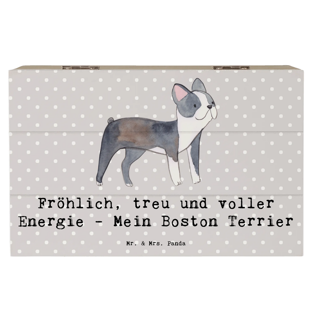 Wooden chest Fröhlich, treu und voller Energie - Mein Boston Terrier Holzkiste, Geschenkdose, Schatulle, Dekokiste, Erinnerungsbox, XXL, Aufbewahrungsbox, Erinnerungskiste, Schatzkiste, Geschenkbox, Truhe, Kiste, Hund, Hunderasse, Rassehund, Hundebesitzer, Geschenk, Tierfreund, Schenken, Welpe
