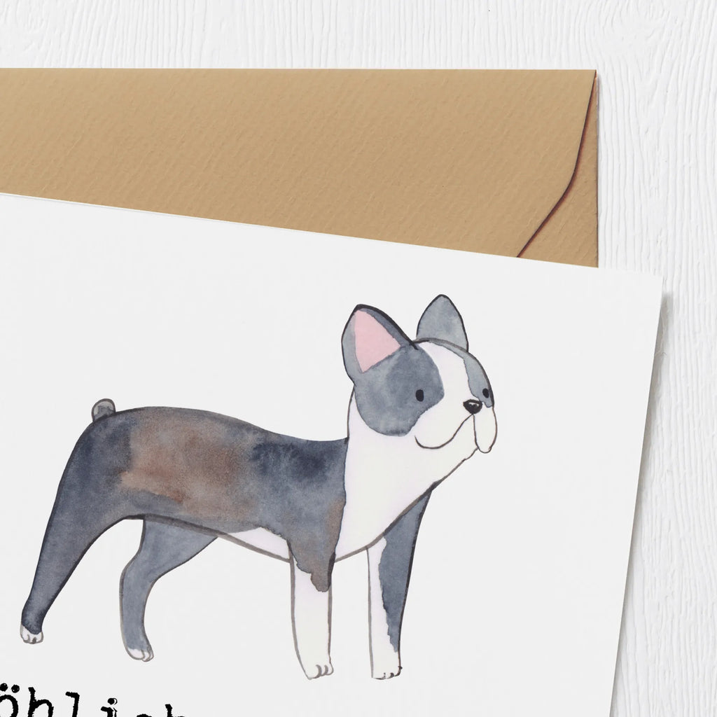 Deluxe Card Fröhlich, treu und voller Energie - Mein Boston Terrier Geburtstagskarte, Grußkarte, Glückwunschkarte, Einladungskarte, Karte, Hochwertige Grußkarte, Hochzeitskarte, Klappkarte, Hochwertige Klappkarte, Hund, Hunderasse, Rassehund, Hundebesitzer, Geschenk, Tierfreund, Schenken, Welpe