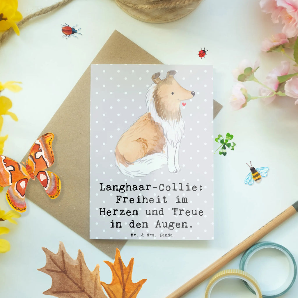Greetings card Langhaar-Collie: Freiheit im Herzen und Treue in den Augen. Glückwunschkarte, Klappkarte, Ansichtskarten, Karte, Grußkarte, Einladungskarte, Hochzeitskarte, Geburtstagskarte, Hund, Hunderasse, Rassehund, Hundebesitzer, Geschenk, Tierfreund, Schenken, Welpe