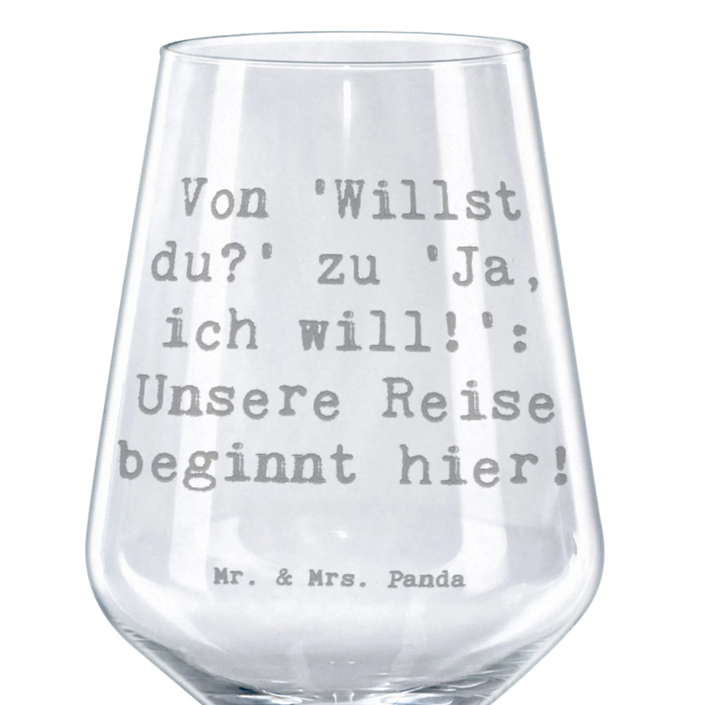 Kieliszek do czerwonego wina Przysłowie Von 'Willst du?' zu 'Ja, ich will!': Unsere Reise beginnt hier! Wesele, prezent weselny, małżeństwo, przyjęcie weselne, ceremonia, prezent z ceremonii, karta weselna, przyjęcie zaręczynowe, prezent z zaręczyn, pomysły na prezenty weselne, prezenty weselne dla pary młodej