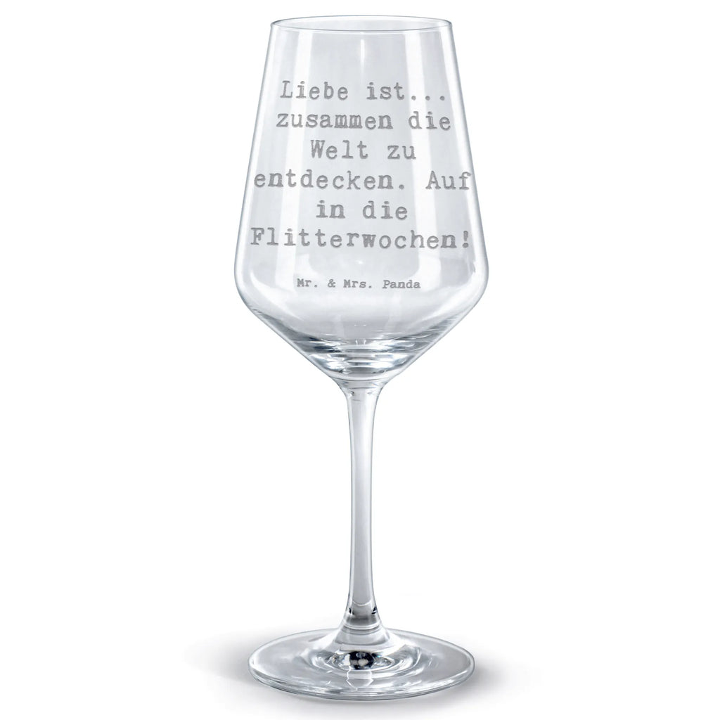 Kieliszek do czerwonego wina Przysłowie Liebe ist... zusammen die Welt zu entdecken. Auf in die Flitterwochen! Wesele, prezent weselny, małżeństwo, przyjęcie weselne, ceremonia, prezent z ceremonii, karta weselna, przyjęcie zaręczynowe, prezent z zaręczyn, pomysły na prezenty weselne, prezenty weselne dla pary młodej