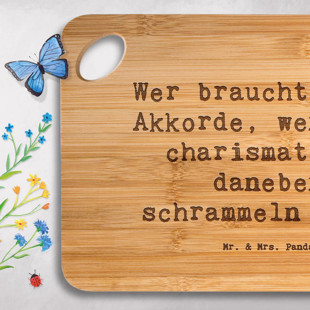 Bamboo chopping board Saying Wer braucht schon Akkorde, wenn man charismatisch daneben schrammeln kann? solid, breakfast, dulcimer, cutting block, robust, slices, nature, carving board, wood, kitchen board, cutting board, bamboo, engraving, kitchen, board, breakfast board, Instruments, gifts for musicians, music enthusiasts