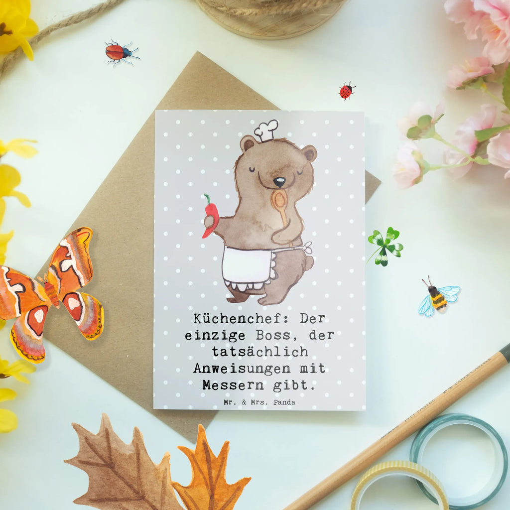 Grußkarte Küchenchef: Der einzige Boss, der tatsächlich Anweisungen mit Messern gibt. Ansichtskarten, Klappkarte, Grußkarte, Geburtstagskarte, Glückwunschkarte, Karte, Hochzeitskarte, Einladungskarte, Beruf, Ausbildung, Jubiläum, Abschied, Rente, Kollege, Kollegin, Geschenk, Schenken, Arbeitskollege, Mitarbeiter, Firma, Danke, Dankeschön