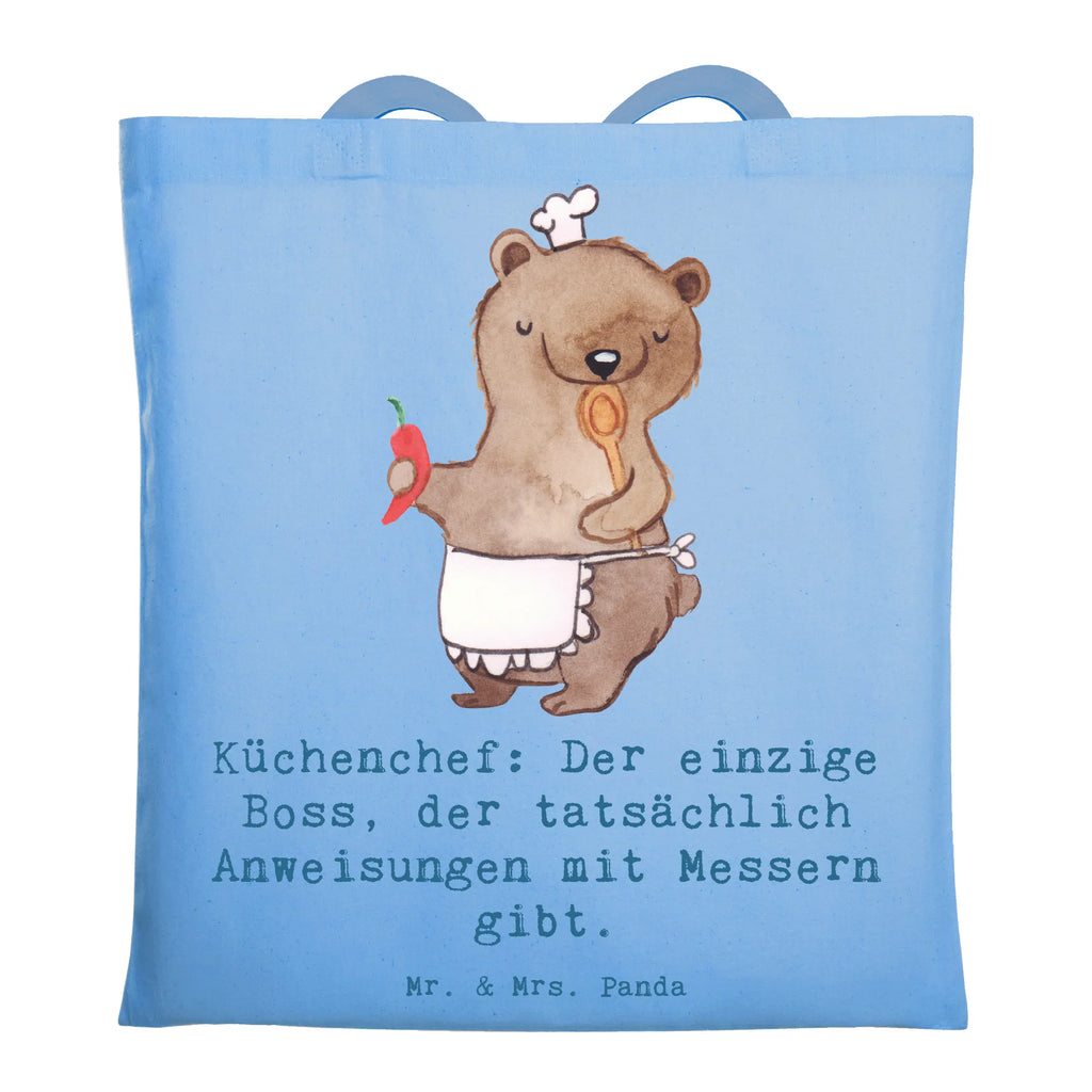 Tote bag Küchenchef: Der einzige Boss, der tatsächlich Anweisungen mit Messern gibt. Stoffbeutel, Jutetasche, Schultertasche, Beutel, Jutebeutel, Beuteltasche, Badetasche, Einkaufstasche, Stofftasche, Shopper, Strandtasche, Laptoptasche, Umhängetasche, Tasche, Einkaufstüte, Tragetasche, Beruf, Ausbildung, Jubiläum, Abschied, Rente, Kollege, Kollegin, Geschenk, Schenken, Arbeitskollege, Mitarbeiter, Firma, Danke, Dankeschön