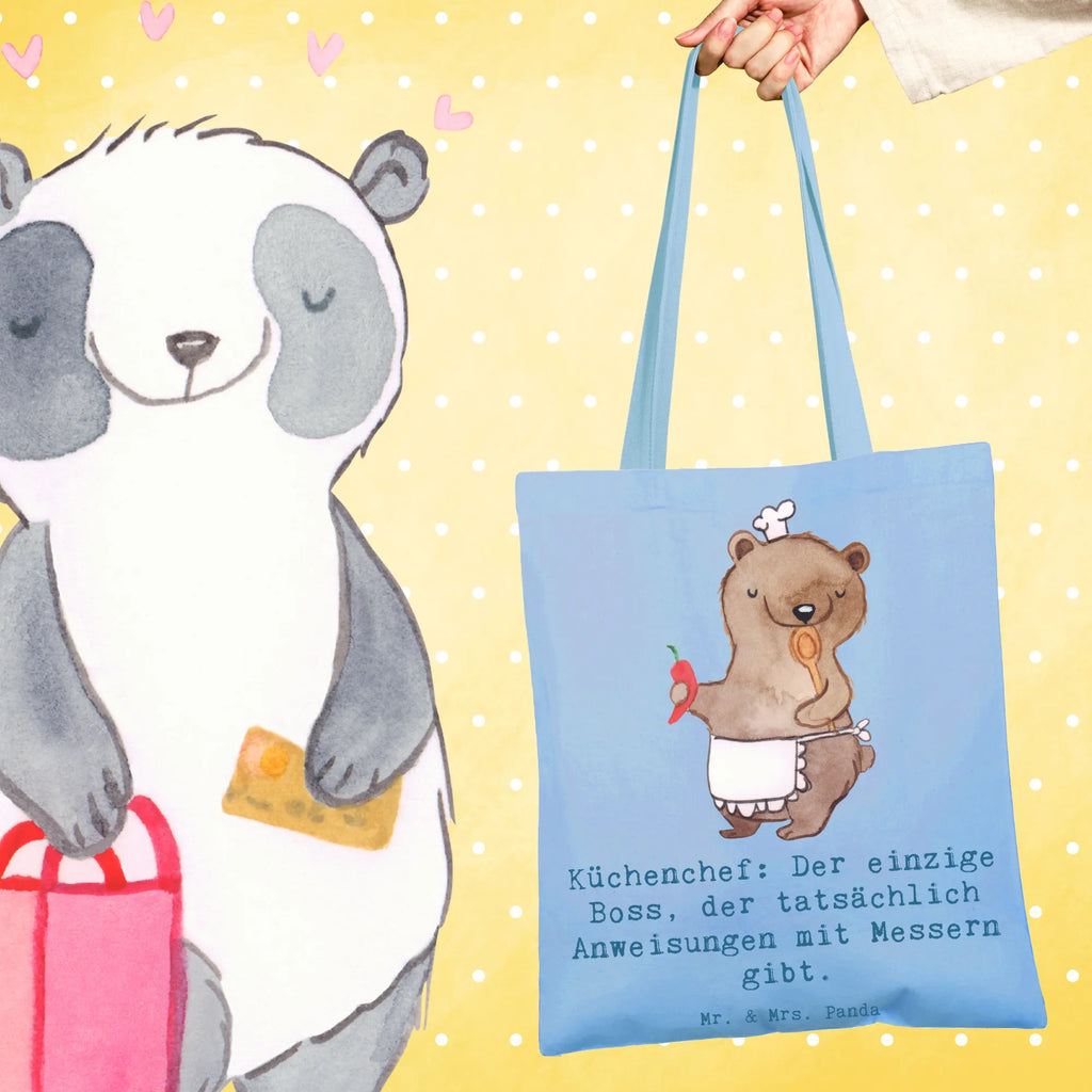 Tote bag Küchenchef: Der einzige Boss, der tatsächlich Anweisungen mit Messern gibt. Stoffbeutel, Jutetasche, Schultertasche, Beutel, Jutebeutel, Beuteltasche, Badetasche, Einkaufstasche, Stofftasche, Shopper, Strandtasche, Laptoptasche, Umhängetasche, Tasche, Einkaufstüte, Tragetasche, Beruf, Ausbildung, Jubiläum, Abschied, Rente, Kollege, Kollegin, Geschenk, Schenken, Arbeitskollege, Mitarbeiter, Firma, Danke, Dankeschön