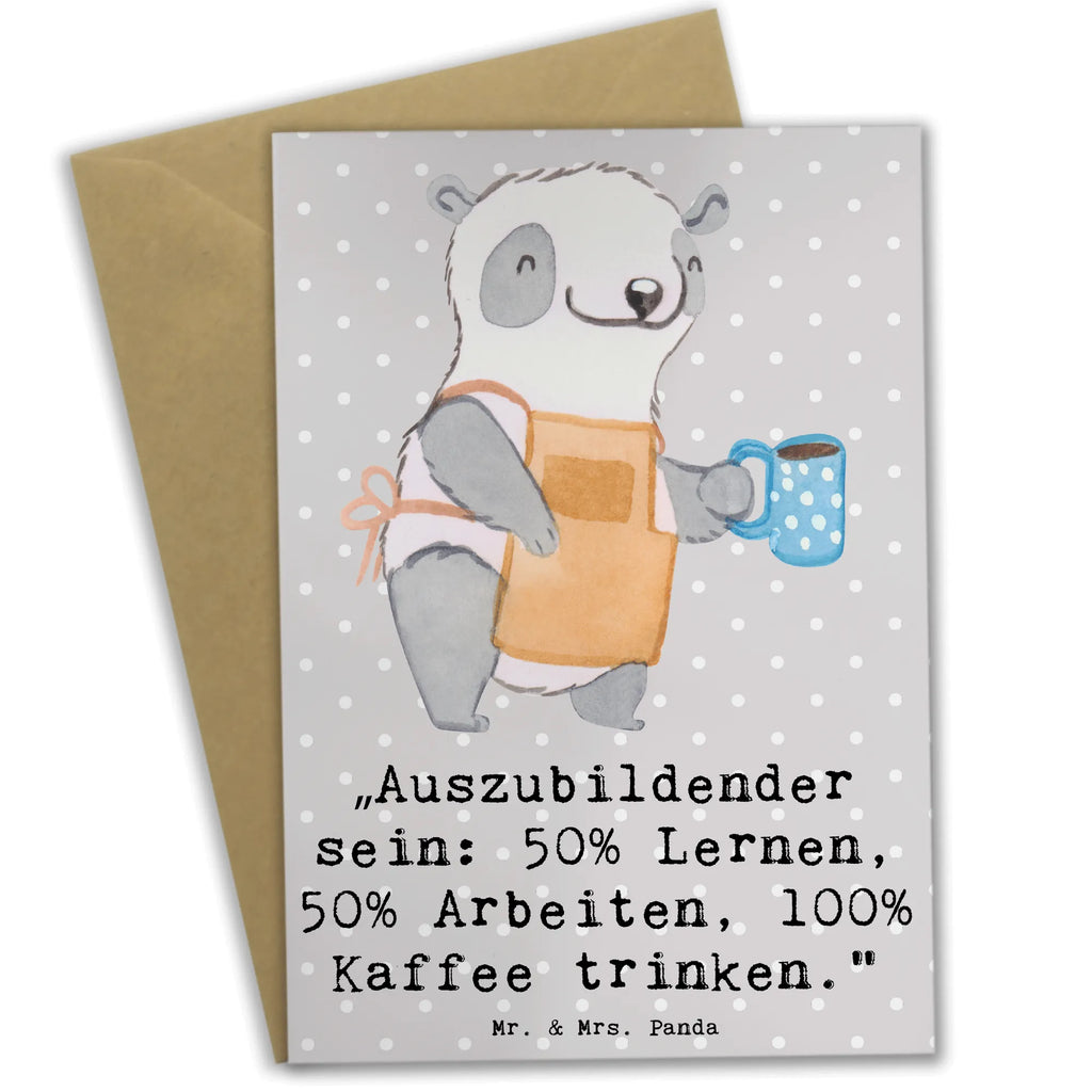 Greetings card „Auszubildender sein: 50% Lernen, 50% Arbeiten, 100% Kaffee trinken.“ Einladungskarte, Geburtstagskarte, Glückwunschkarte, Ansichtskarten, Karte, Klappkarte, Hochzeitskarte, Grußkarte, Beruf, Ausbildung, Jubiläum, Abschied, Rente, Kollege, Kollegin, Geschenk, Schenken, Arbeitskollege, Mitarbeiter, Firma, Danke, Dankeschön