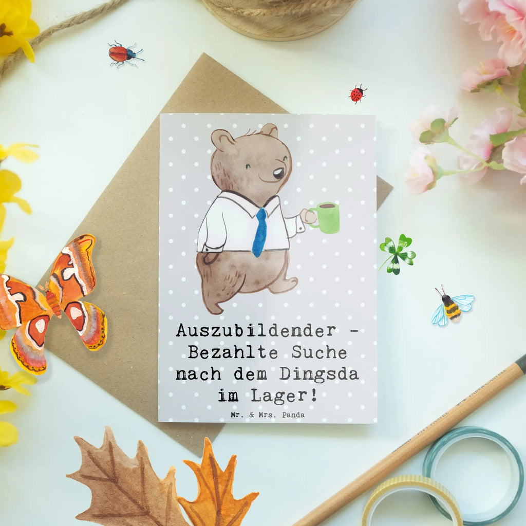 Greetings card Auszubildender - Bezahlte Suche nach dem Dingsda im Lager! Geburtstagskarte, Hochzeitskarte, Einladungskarte, Ansichtskarten, Karte, Glückwunschkarte, Klappkarte, Grußkarte, Beruf, Ausbildung, Jubiläum, Abschied, Rente, Kollege, Kollegin, Geschenk, Schenken, Arbeitskollege, Mitarbeiter, Firma, Danke, Dankeschön