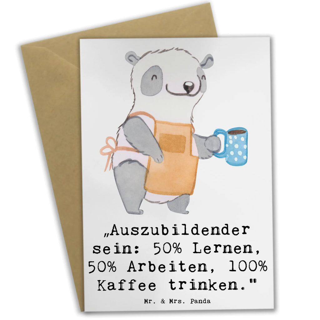 Greetings card „Auszubildender sein: 50% Lernen, 50% Arbeiten, 100% Kaffee trinken.“ Einladungskarte, Geburtstagskarte, Glückwunschkarte, Ansichtskarten, Karte, Klappkarte, Hochzeitskarte, Grußkarte, Beruf, Ausbildung, Jubiläum, Abschied, Rente, Kollege, Kollegin, Geschenk, Schenken, Arbeitskollege, Mitarbeiter, Firma, Danke, Dankeschön