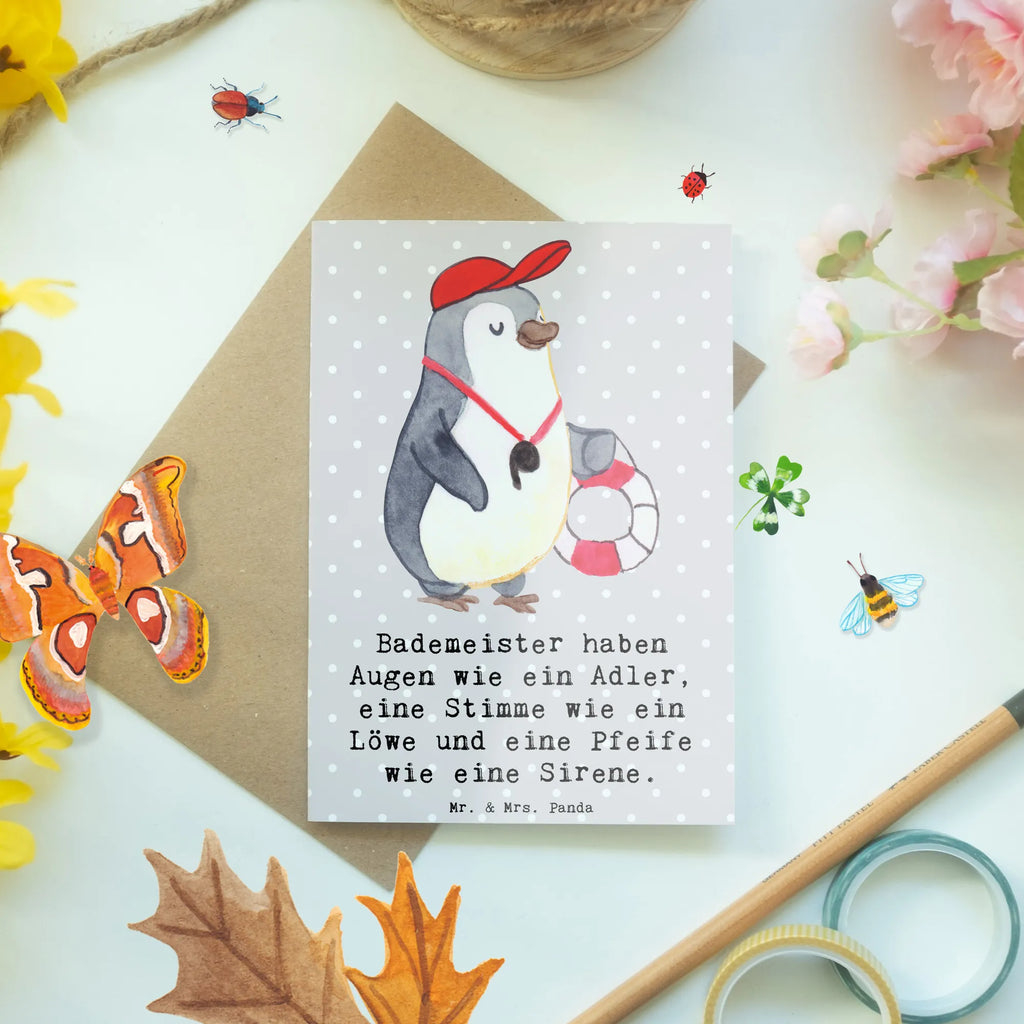 Greetings card Bademeister haben Augen wie ein Adler, eine Stimme wie ein Löwe und eine Pfeife wie eine Sirene. Klappkarte, Hochzeitskarte, Glückwunschkarte, Ansichtskarten, Einladungskarte, Karte, Geburtstagskarte, Grußkarte, Beruf, Ausbildung, Jubiläum, Abschied, Rente, Kollege, Kollegin, Geschenk, Schenken, Arbeitskollege, Mitarbeiter, Firma, Danke, Dankeschön