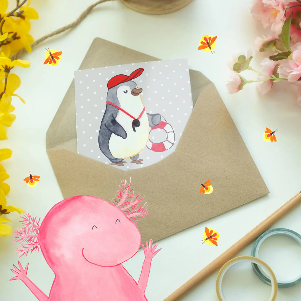 Greetings card Bademeister haben Augen wie ein Adler, eine Stimme wie ein Löwe und eine Pfeife wie eine Sirene. Klappkarte, Hochzeitskarte, Glückwunschkarte, Ansichtskarten, Einladungskarte, Karte, Geburtstagskarte, Grußkarte, Beruf, Ausbildung, Jubiläum, Abschied, Rente, Kollege, Kollegin, Geschenk, Schenken, Arbeitskollege, Mitarbeiter, Firma, Danke, Dankeschön