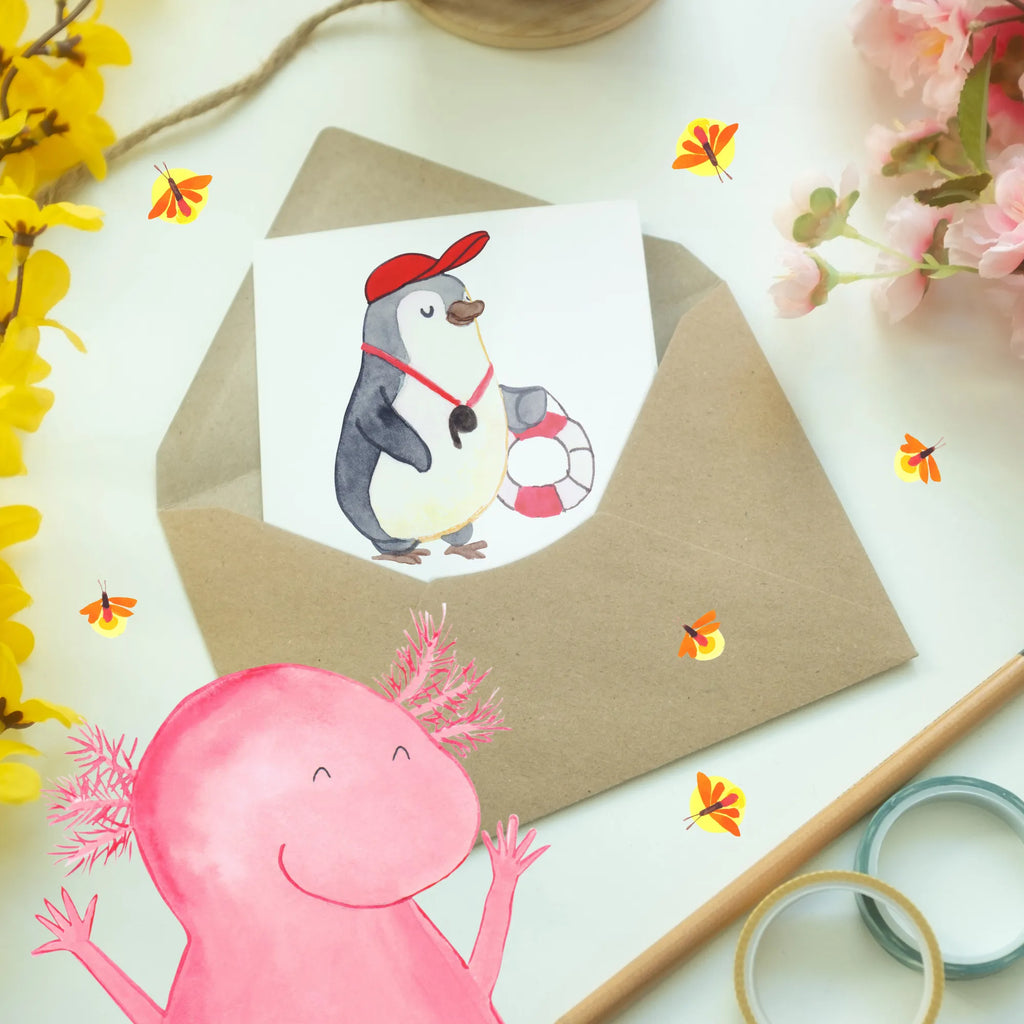 Greetings card Bademeister haben Augen wie ein Adler, eine Stimme wie ein Löwe und eine Pfeife wie eine Sirene. Klappkarte, Hochzeitskarte, Glückwunschkarte, Ansichtskarten, Einladungskarte, Karte, Geburtstagskarte, Grußkarte, Beruf, Ausbildung, Jubiläum, Abschied, Rente, Kollege, Kollegin, Geschenk, Schenken, Arbeitskollege, Mitarbeiter, Firma, Danke, Dankeschön