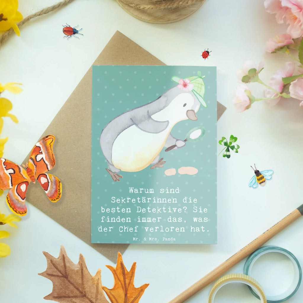 Greetings card Warum sind Sekretärinnen die besten Detektive? Sie finden immer das, was der Chef verloren hat. Karte, Geburtstagskarte, Hochzeitskarte, Einladungskarte, Grußkarte, Glückwunschkarte, Klappkarte, Ansichtskarten, Beruf, Ausbildung, Jubiläum, Abschied, Rente, Kollege, Kollegin, Geschenk, Schenken, Arbeitskollege, Mitarbeiter, Firma, Danke, Dankeschön