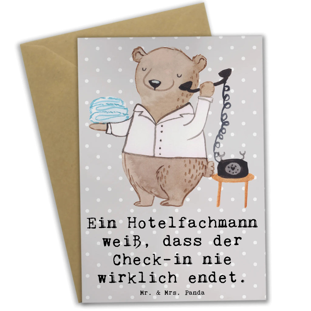 Greetings card Ein Hotelfachmann weiß, dass der Check-in nie wirklich endet. Grußkarte, Glückwunschkarte, Hochzeitskarte, Einladungskarte, Karte, Geburtstagskarte, Klappkarte, Ansichtskarten, Beruf, Ausbildung, Jubiläum, Abschied, Rente, Kollege, Kollegin, Geschenk, Schenken, Arbeitskollege, Mitarbeiter, Firma, Danke, Dankeschön