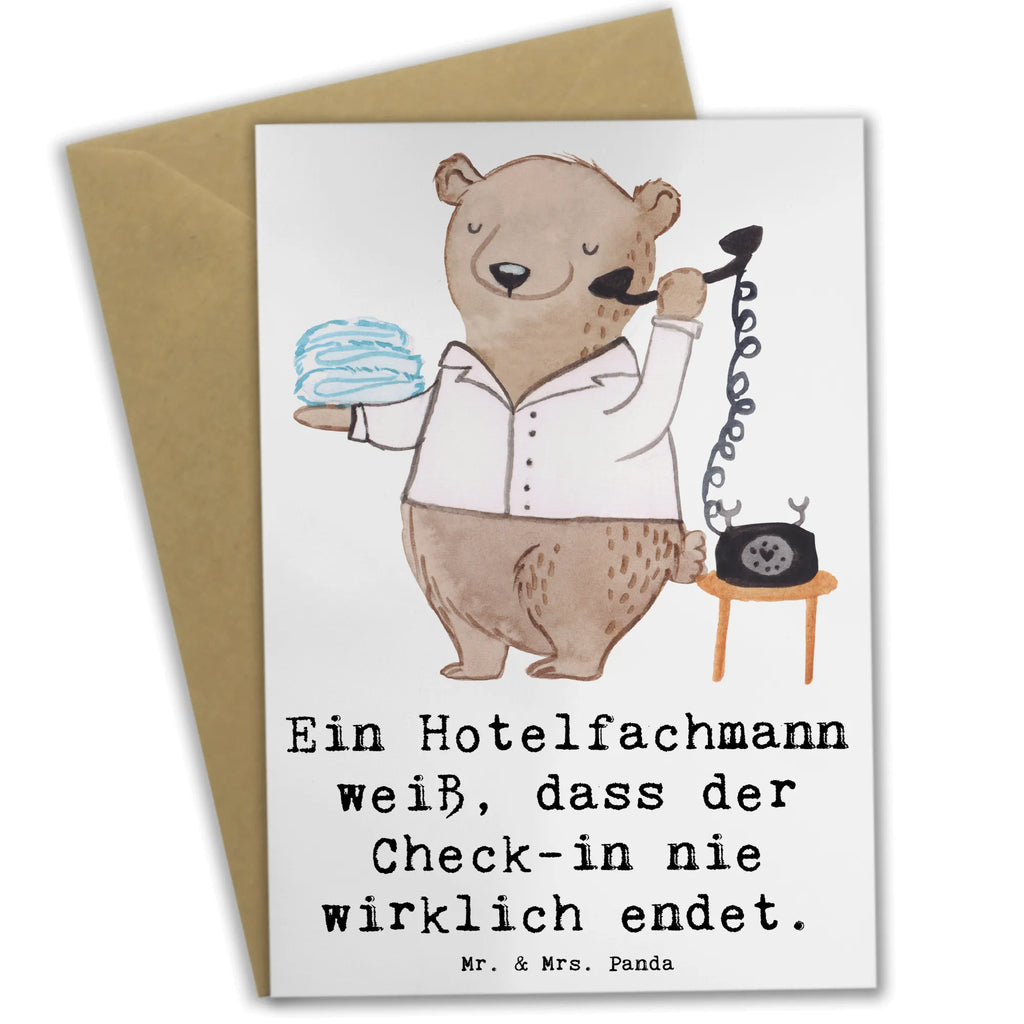 Greetings card Ein Hotelfachmann weiß, dass der Check-in nie wirklich endet. Grußkarte, Glückwunschkarte, Hochzeitskarte, Einladungskarte, Karte, Geburtstagskarte, Klappkarte, Ansichtskarten, Beruf, Ausbildung, Jubiläum, Abschied, Rente, Kollege, Kollegin, Geschenk, Schenken, Arbeitskollege, Mitarbeiter, Firma, Danke, Dankeschön