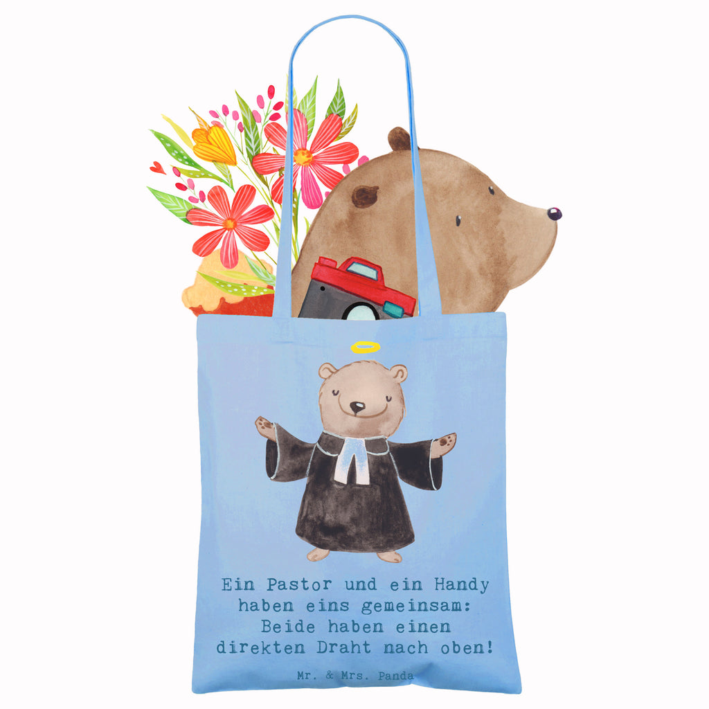 Tote bag Ein Pastor und ein Handy haben eins gemeinsam: Beide haben einen direkten Draht nach oben! Tragetasche, Jutebeutel, Shopper, Laptoptasche, Einkaufstüte, Strandtasche, Einkaufstasche, Umhängetasche, Tasche, Beutel, Jutetasche, Stofftasche, Schultertasche, Beuteltasche, Stoffbeutel, Badetasche, Beruf, Ausbildung, Jubiläum, Abschied, Rente, Kollege, Kollegin, Geschenk, Schenken, Arbeitskollege, Mitarbeiter, Firma, Danke, Dankeschön