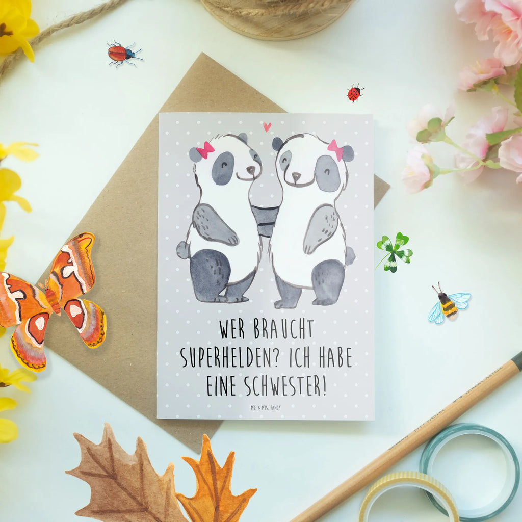 Greetings card Wer braucht Superhelden? Ich habe eine Schwester! Grußkarte, Klappkarte, Geburtstagskarte, Ansichtskarten, Hochzeitskarte, Karte, Einladungskarte, Glückwunschkarte, Familie, Vatertag, Muttertag, Bruder, Schwester, Mama, Papa, Oma, Opa