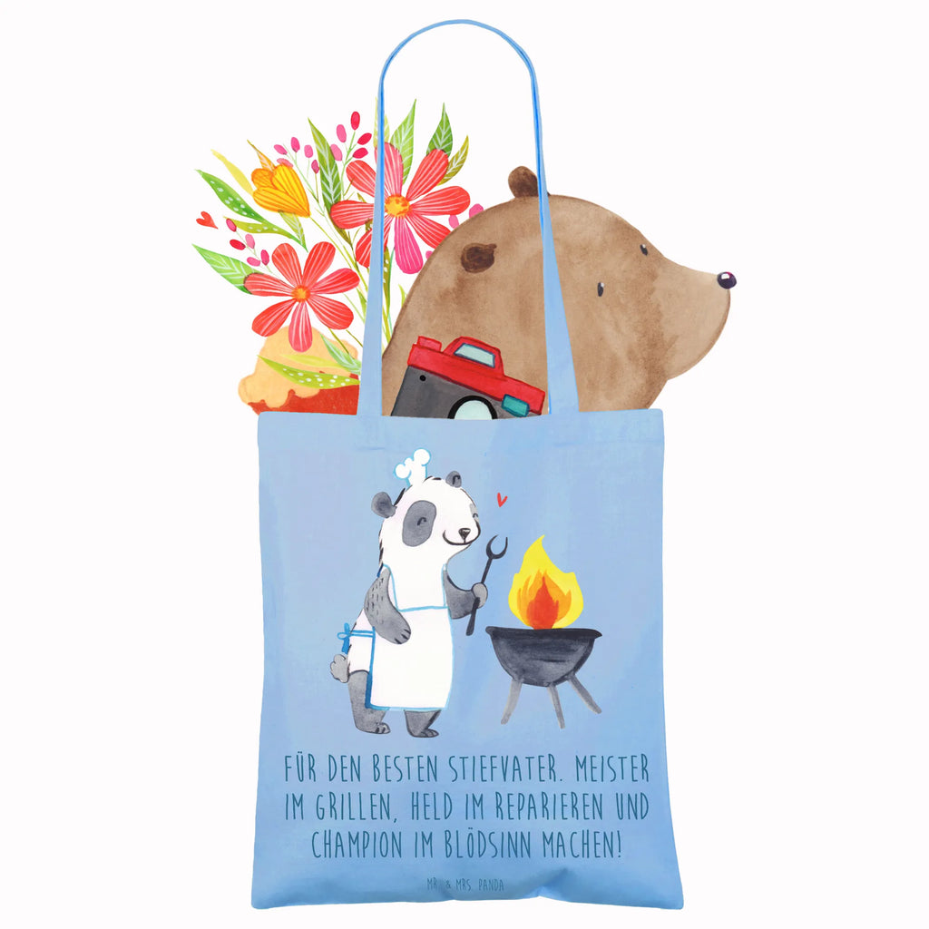Tote bag Für den besten Stiefvater. Meister im Grillen, Held im Reparieren und Champion im Blödsinn machen! Einkaufstüte, Badetasche, Jutebeutel, Beuteltasche, Laptoptasche, Strandtasche, Jutetasche, Schultertasche, Stofftasche, Einkaufstasche, Shopper, Tasche, Beutel, Umhängetasche, Tragetasche, Stoffbeutel, Familie, Vatertag, Muttertag, Bruder, Schwester, Mama, Papa, Oma, Opa