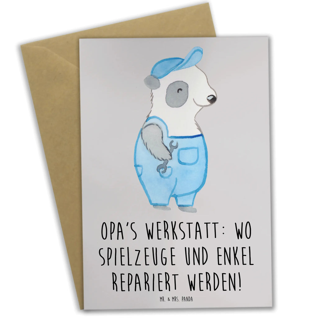 Greetings card Opa's Werkstatt: wo Spielzeuge und Enkel repariert werden! Ansichtskarten, Klappkarte, Grußkarte, Hochzeitskarte, Glückwunschkarte, Karte, Geburtstagskarte, Einladungskarte, Familie, Vatertag, Muttertag, Bruder, Schwester, Mama, Papa, Oma, Opa