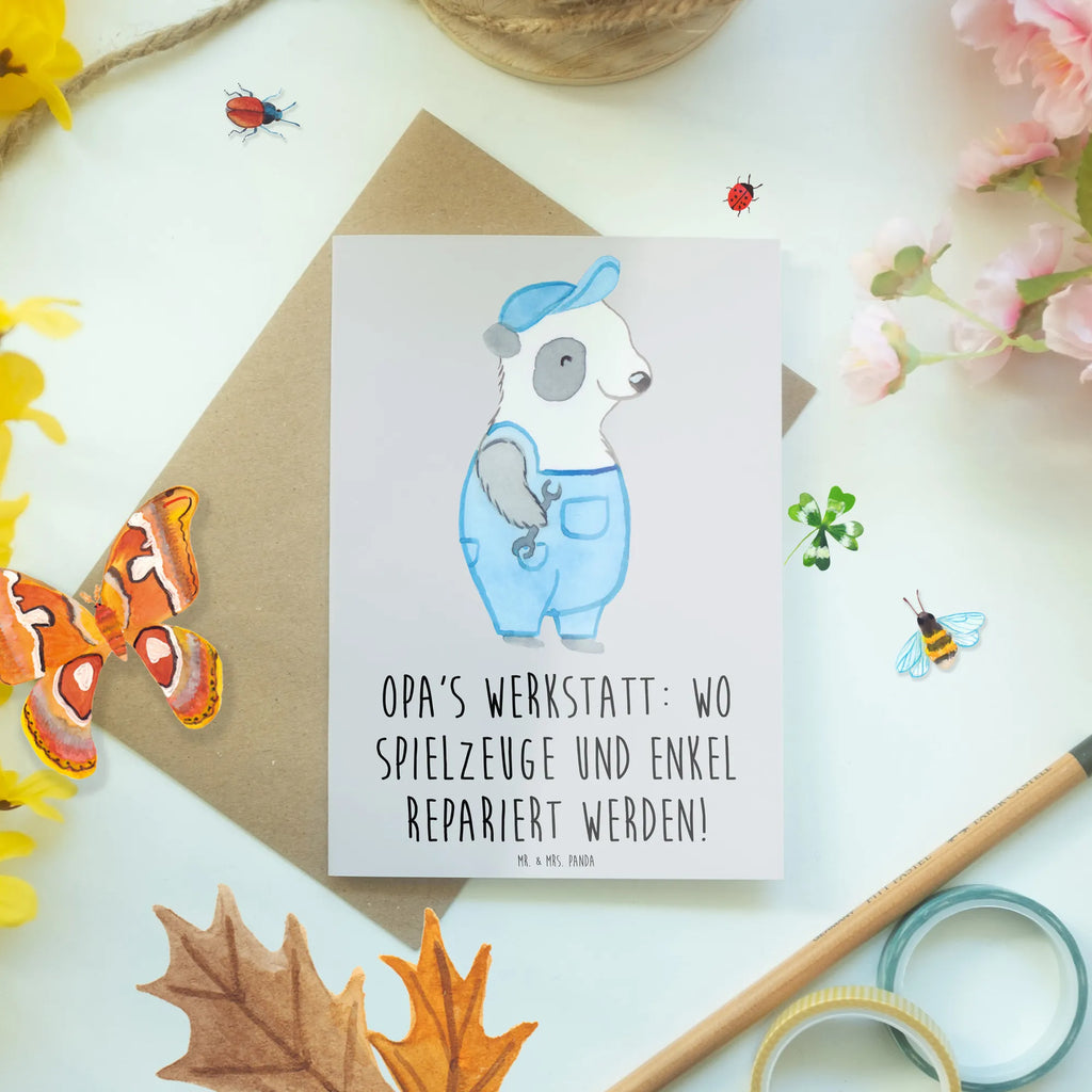 Greetings card Opa's Werkstatt: wo Spielzeuge und Enkel repariert werden! Ansichtskarten, Klappkarte, Grußkarte, Hochzeitskarte, Glückwunschkarte, Karte, Geburtstagskarte, Einladungskarte, Familie, Vatertag, Muttertag, Bruder, Schwester, Mama, Papa, Oma, Opa