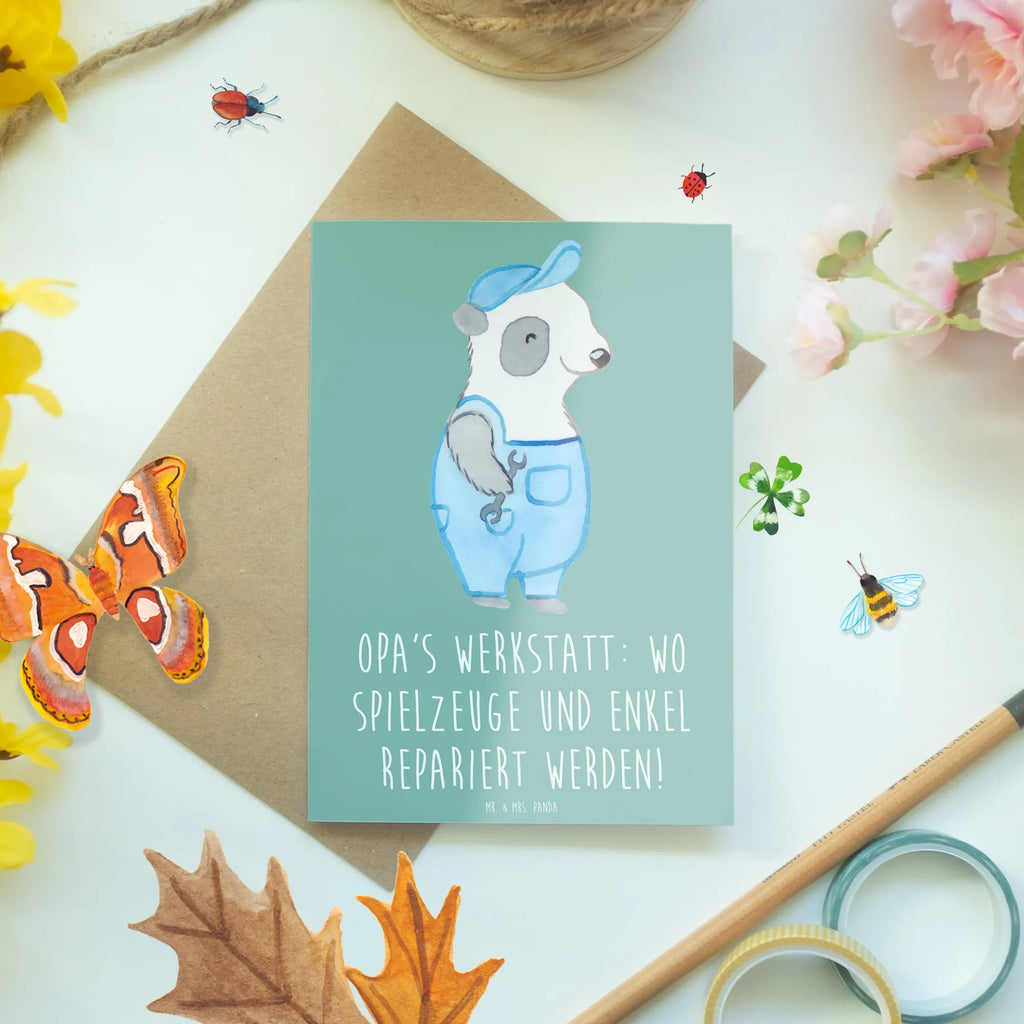 Greetings card Opa's Werkstatt: wo Spielzeuge und Enkel repariert werden! Ansichtskarten, Klappkarte, Grußkarte, Hochzeitskarte, Glückwunschkarte, Karte, Geburtstagskarte, Einladungskarte, Familie, Vatertag, Muttertag, Bruder, Schwester, Mama, Papa, Oma, Opa