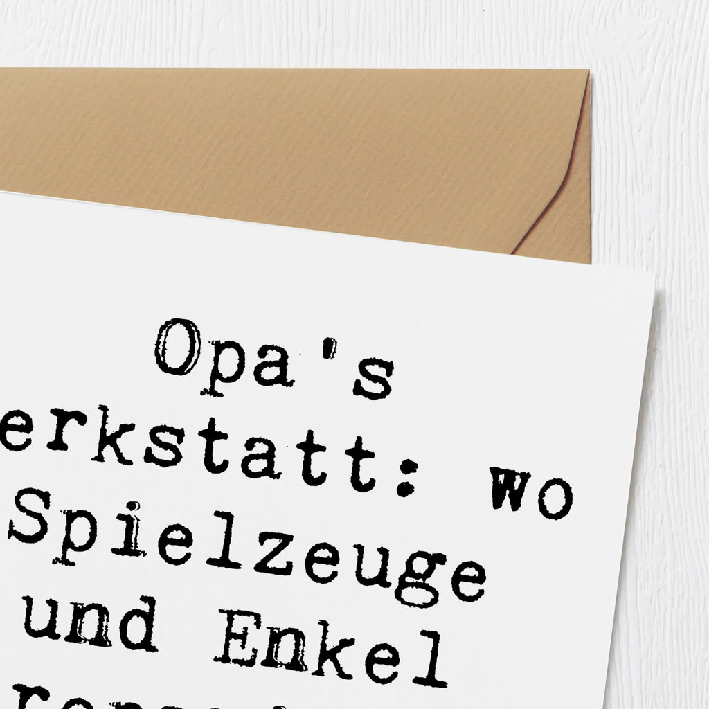 Deluxe Card Saying Opa's Werkstatt: wo Spielzeuge und Enkel repariert werden! Grußkarte, Glückwunschkarte, doppelkarte, Klappkarte, faltkarte, Muttertag, Vatertag, Mama, Papa, Oma, Opa, Familie, Schwester, Bruder