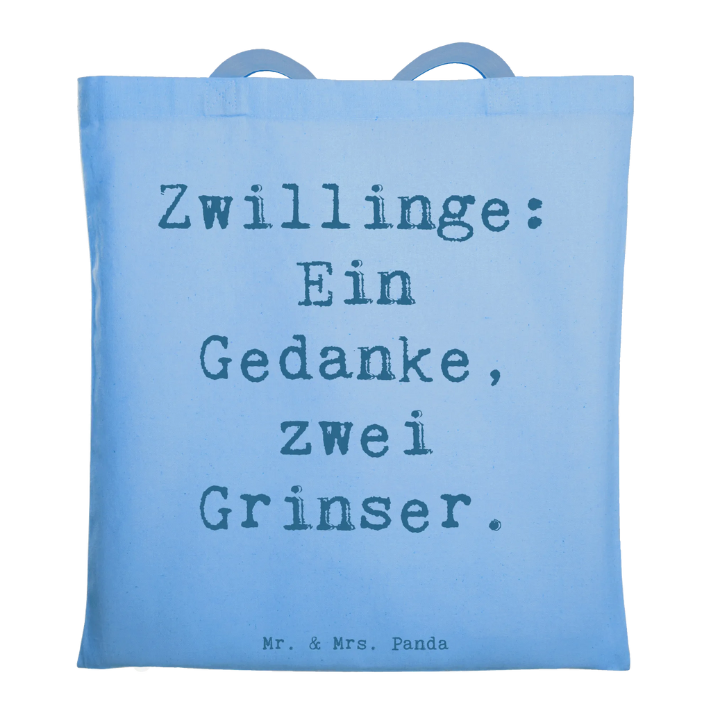 Tote bag Saying Zwillinge: Ein Gedanke, zwei Grinser. Beuteltasche, Beutel, Einkaufstasche, Jutebeutel, Stoffbeutel, Tasche, Shopper, Umhängetasche, Strandtasche, Schultertasche, Stofftasche, Tragetasche, Badetasche, Jutetasche, Einkaufstüte, Laptoptasche, Familie, Vatertag, Muttertag, Bruder, Schwester, Mama, Papa, Oma, Opa