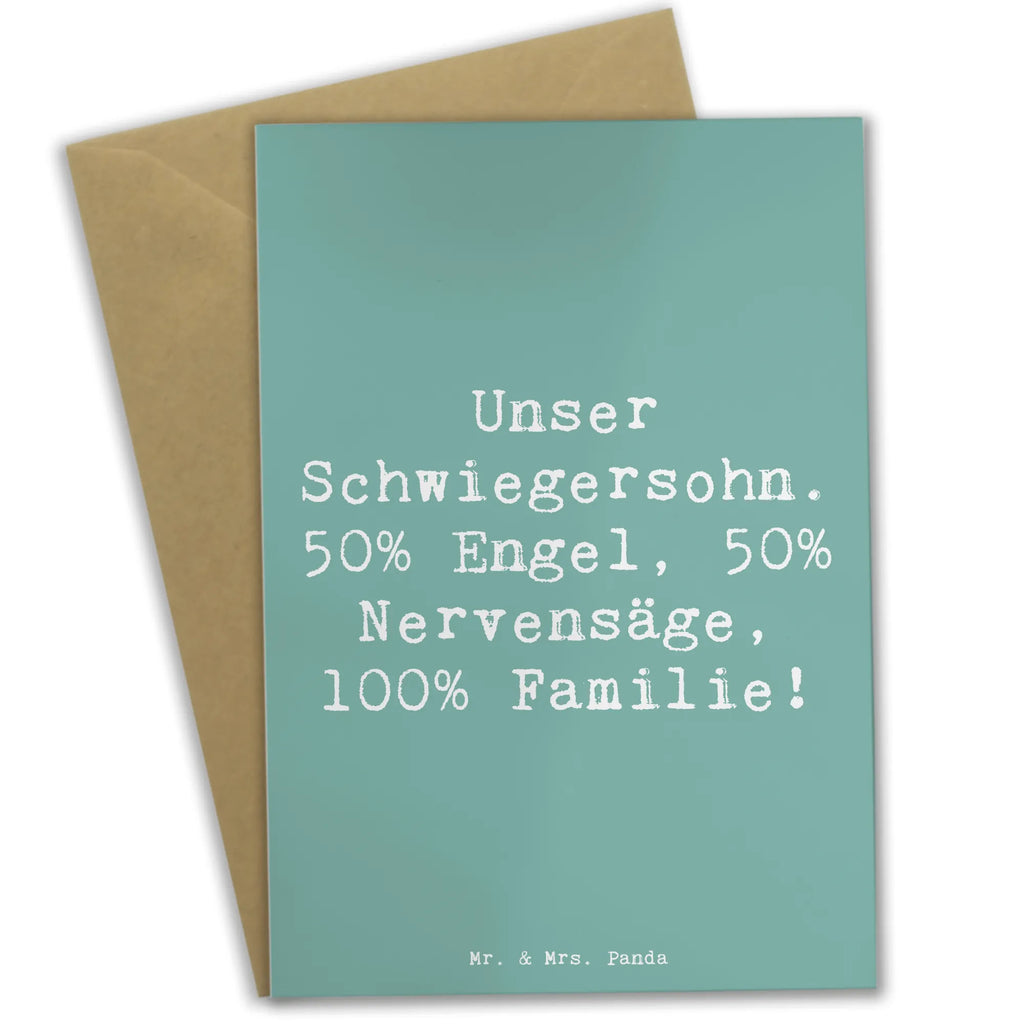 Greetings card Saying Unser Schwiegersohn. 50% Engel, 50% Nervensäge, 100% Familie! Grußkarte, Klappkarte, Einladungskarte, Glückwunschkarte, Hochzeitskarte, Geburtstagskarte, Karte, Ansichtskarten, Familie, Vatertag, Muttertag, Bruder, Schwester, Mama, Papa, Oma, Opa