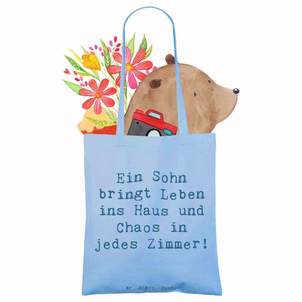 Tote bag Saying Ein Sohn bringt Leben ins Haus und Chaos in jedes Zimmer! Beuteltasche, Beutel, Einkaufstasche, Jutebeutel, Stoffbeutel, Tasche, Shopper, Umhängetasche, Strandtasche, Schultertasche, Stofftasche, Tragetasche, Badetasche, Jutetasche, Einkaufstüte, Laptoptasche, Familie, Vatertag, Muttertag, Bruder, Schwester, Mama, Papa, Oma, Opa