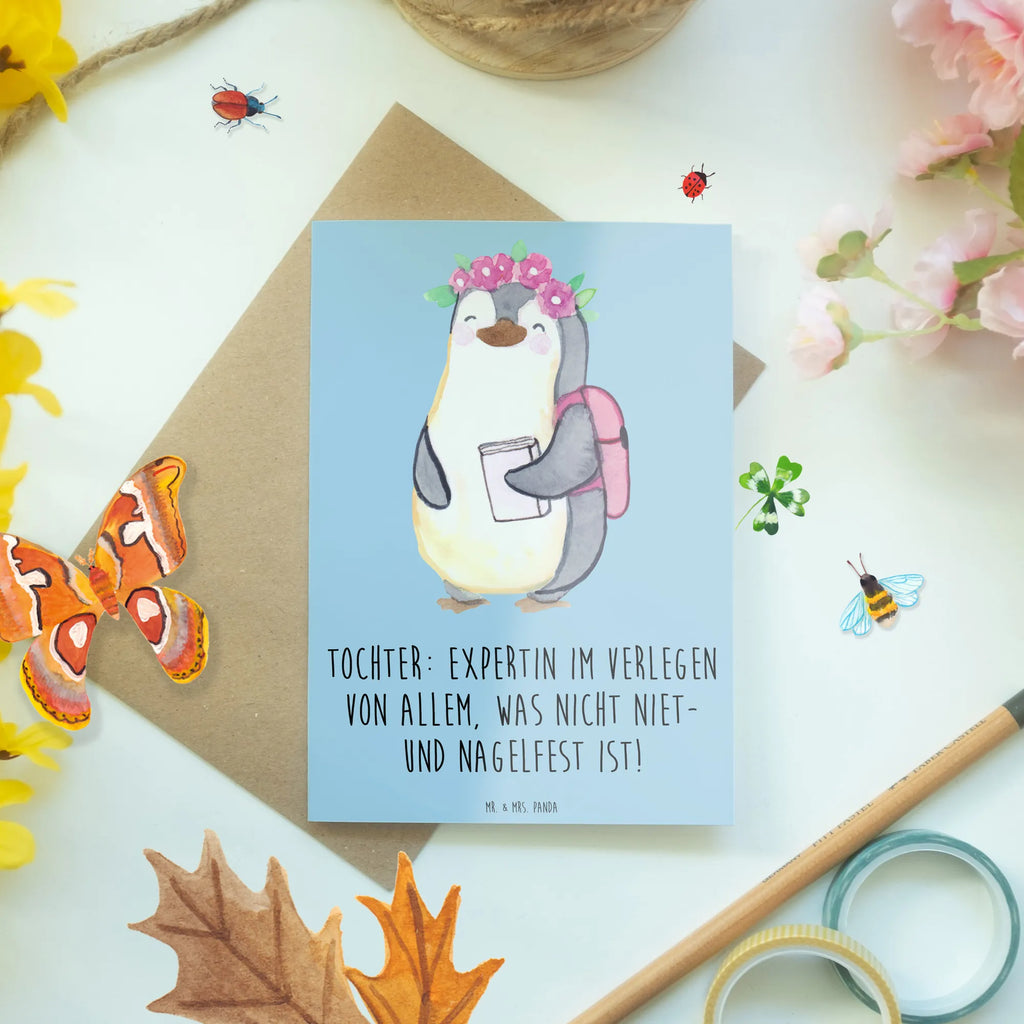 Greetings card Tochter: Expertin im Verlegen von allem, was nicht niet- und nagelfest ist! Klappkarte, Geburtstagskarte, Hochzeitskarte, Ansichtskarten, Einladungskarte, Karte, Grußkarte, Glückwunschkarte, Familie, Vatertag, Muttertag, Bruder, Schwester, Mama, Papa, Oma, Opa