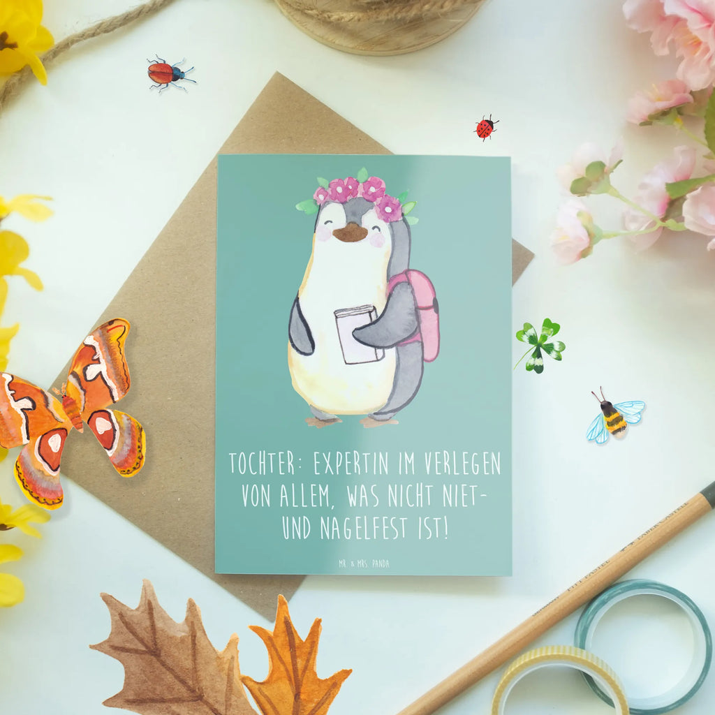 Greetings card Tochter: Expertin im Verlegen von allem, was nicht niet- und nagelfest ist! Klappkarte, Geburtstagskarte, Hochzeitskarte, Ansichtskarten, Einladungskarte, Karte, Grußkarte, Glückwunschkarte, Familie, Vatertag, Muttertag, Bruder, Schwester, Mama, Papa, Oma, Opa