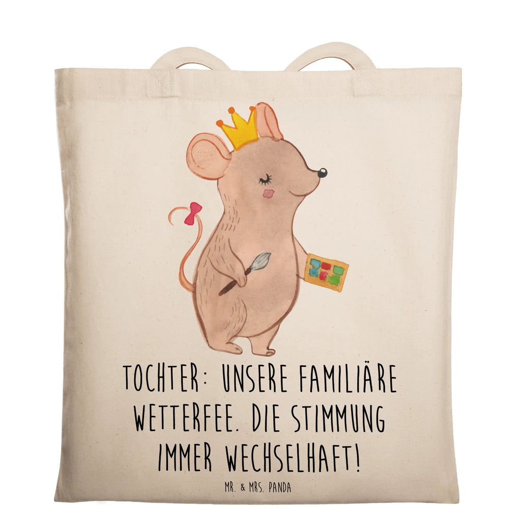 Tote bag Tochter: Unsere familiäre Wetterfee. Die Stimmung immer wechselhaft! Stoffbeutel, Shopper, Einkaufstasche, Stofftasche, Jutetasche, Beutel, Beuteltasche, Schultertasche, Laptoptasche, Strandtasche, Tragetasche, Umhängetasche, Einkaufstüte, Tasche, Jutebeutel, Badetasche, Familie, Vatertag, Muttertag, Bruder, Schwester, Mama, Papa, Oma, Opa