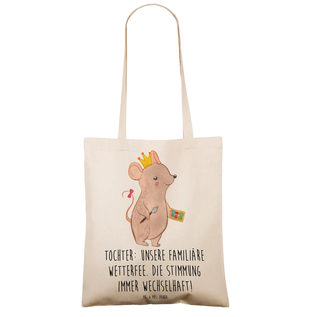 Tote bag Tochter: Unsere familiäre Wetterfee. Die Stimmung immer wechselhaft! Stoffbeutel, Shopper, Einkaufstasche, Stofftasche, Jutetasche, Beutel, Beuteltasche, Schultertasche, Laptoptasche, Strandtasche, Tragetasche, Umhängetasche, Einkaufstüte, Tasche, Jutebeutel, Badetasche, Familie, Vatertag, Muttertag, Bruder, Schwester, Mama, Papa, Oma, Opa