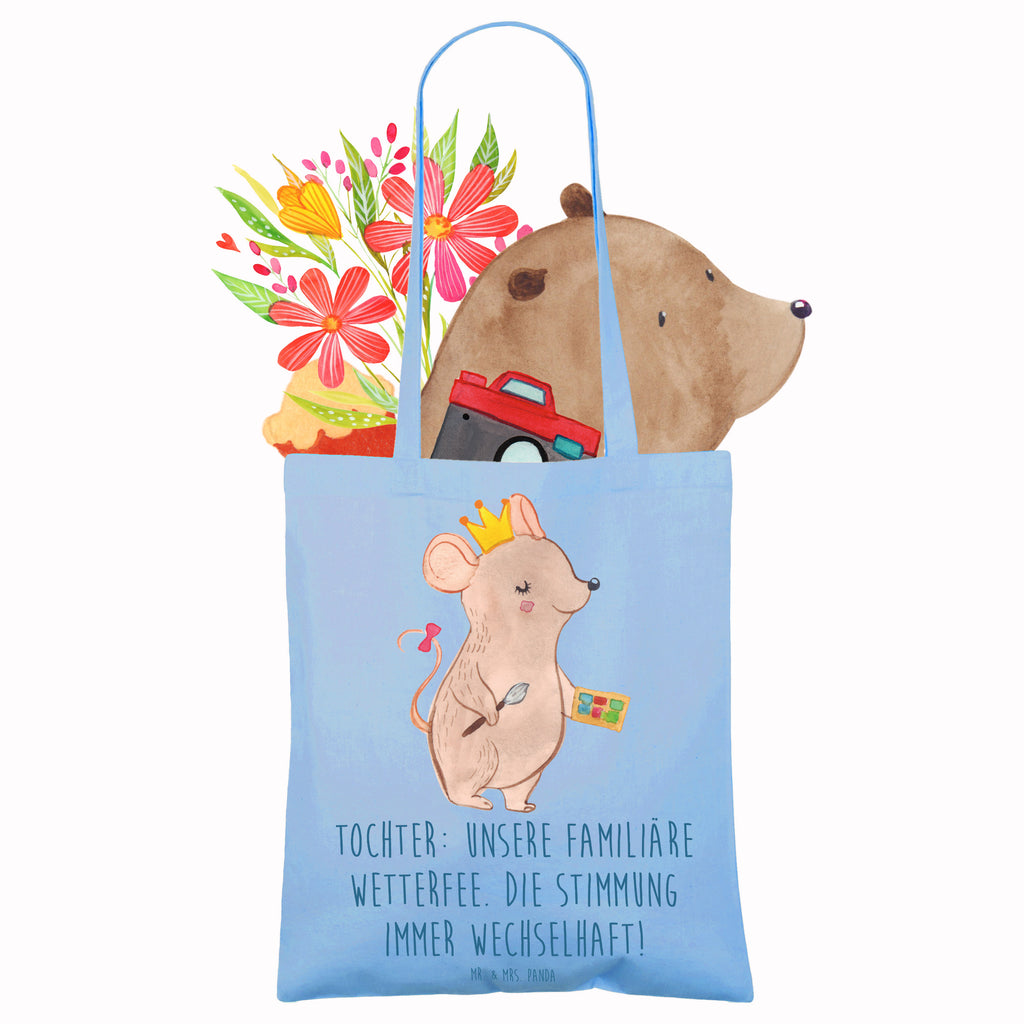 Tote bag Tochter: Unsere familiäre Wetterfee. Die Stimmung immer wechselhaft! Stoffbeutel, Shopper, Einkaufstasche, Stofftasche, Jutetasche, Beutel, Beuteltasche, Schultertasche, Laptoptasche, Strandtasche, Tragetasche, Umhängetasche, Einkaufstüte, Tasche, Jutebeutel, Badetasche, Familie, Vatertag, Muttertag, Bruder, Schwester, Mama, Papa, Oma, Opa