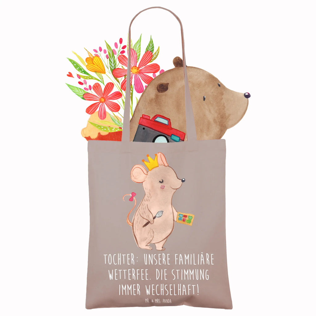 Tote bag Tochter: Unsere familiäre Wetterfee. Die Stimmung immer wechselhaft! Stoffbeutel, Shopper, Einkaufstasche, Stofftasche, Jutetasche, Beutel, Beuteltasche, Schultertasche, Laptoptasche, Strandtasche, Tragetasche, Umhängetasche, Einkaufstüte, Tasche, Jutebeutel, Badetasche, Familie, Vatertag, Muttertag, Bruder, Schwester, Mama, Papa, Oma, Opa