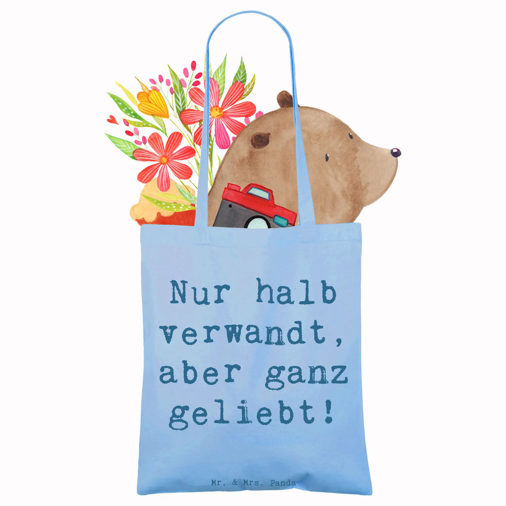 Tote bag Saying Nur halb verwandt, aber ganz geliebt! Beuteltasche, Beutel, Einkaufstasche, Jutebeutel, Stoffbeutel, Tasche, Shopper, Umhängetasche, Strandtasche, Schultertasche, Stofftasche, Tragetasche, Badetasche, Jutetasche, Einkaufstüte, Laptoptasche, Familie, Vatertag, Muttertag, Bruder, Schwester, Mama, Papa, Oma, Opa