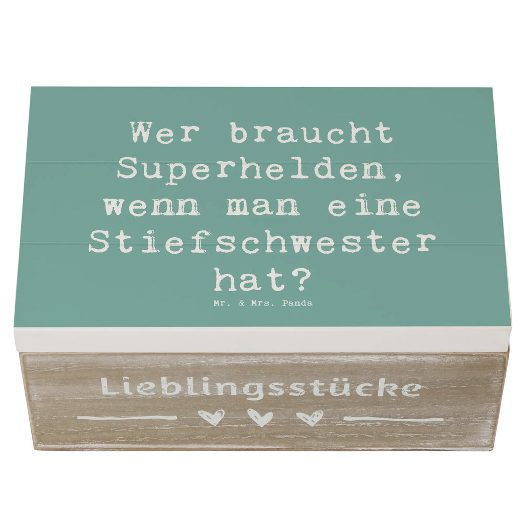 Wooden chest Saying Wer braucht Superhelden, wenn man eine Stiefschwester hat? Kiste, Erinnerungskiste, Schatzkiste, Dekokiste, Truhe, Geschenkbox, Geschenkdose, Erinnerungsbox, Aufbewahrungsbox, Schatulle, Holzkiste, XXL, Familie, Vatertag, Muttertag, Bruder, Schwester, Mama, Papa, Oma, Opa