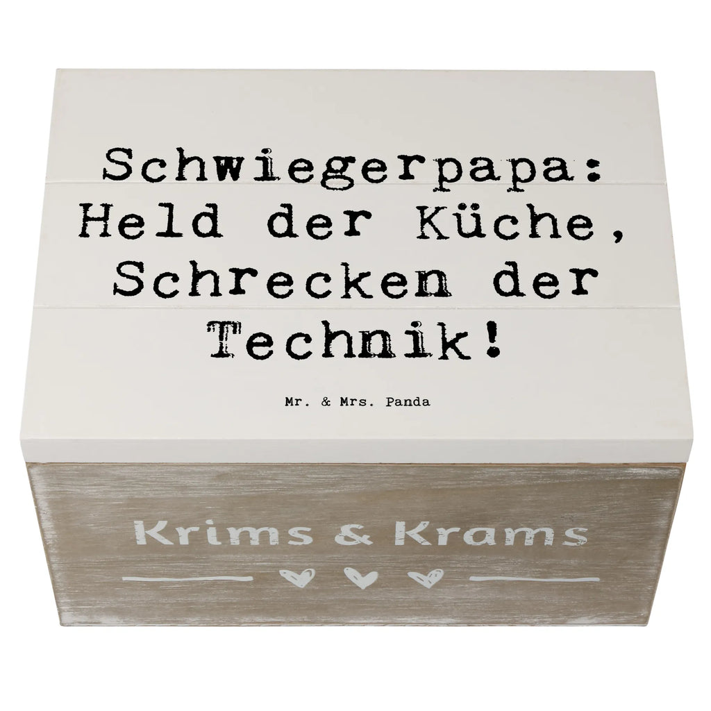 Wooden chest Saying Schwiegerpapa: Held der Küche, Schrecken der Technik! Holzkiste, Schatzkiste, Geschenkdose, Erinnerungsbox, Dekokiste, XXL, Erinnerungskiste, Kiste, Geschenkbox, Aufbewahrungsbox, Schatulle, Truhe, Familie, Vatertag, Muttertag, Bruder, Schwester, Mama, Papa, Oma, Opa