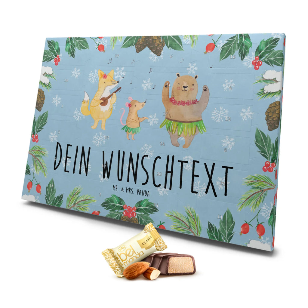 Personalisierter Marzipan Adventskalender Waldtiere Aloha Personalisierter Marzipan Adventskalender, Tiermotive, Gute Laune, lustige Sprüche, Tiere, Wald, Tanzen, Aloha, Waldtiere, Bär, Leben, Hase, Musik, Igel, Lachen