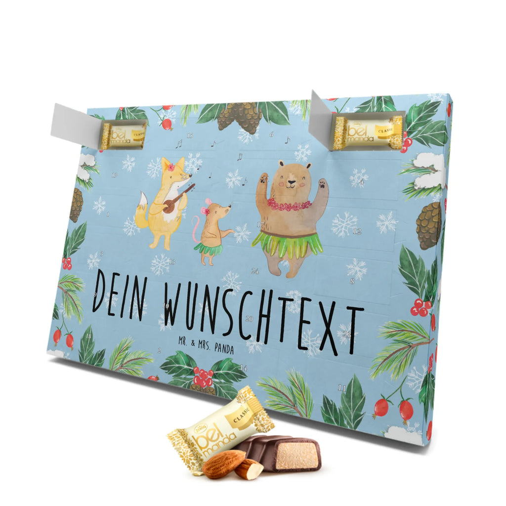Personalisierter Marzipan Adventskalender Waldtiere Aloha Personalisierter Marzipan Adventskalender, Tiermotive, Gute Laune, lustige Sprüche, Tiere, Wald, Tanzen, Aloha, Waldtiere, Bär, Leben, Hase, Musik, Igel, Lachen