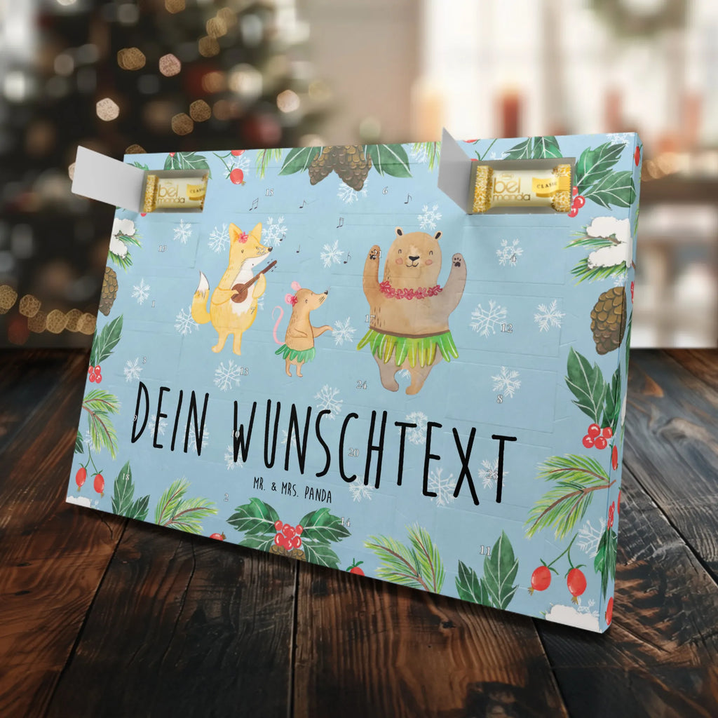 Personalisierter Marzipan Adventskalender Waldtiere Aloha Personalisierter Marzipan Adventskalender, Tiermotive, Gute Laune, lustige Sprüche, Tiere, Wald, Tanzen, Aloha, Waldtiere, Bär, Leben, Hase, Musik, Igel, Lachen