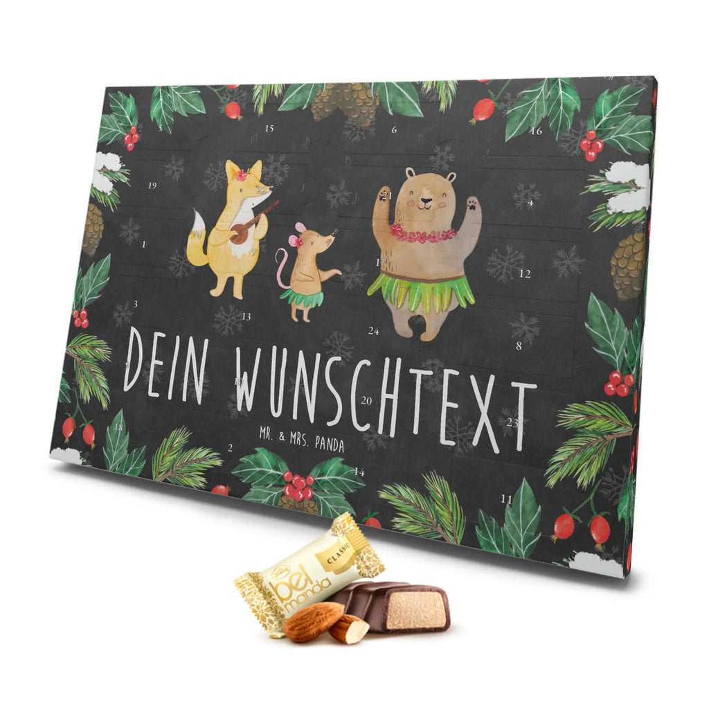 Personalisierter Marzipan Adventskalender Waldtiere Aloha Personalisierter Marzipan Adventskalender, Tiermotive, Gute Laune, lustige Sprüche, Tiere, Wald, Tanzen, Aloha, Waldtiere, Bär, Leben, Hase, Musik, Igel, Lachen