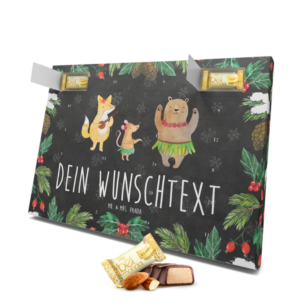 Personalisierter Marzipan Adventskalender Waldtiere Aloha Personalisierter Marzipan Adventskalender, Tiermotive, Gute Laune, lustige Sprüche, Tiere, Wald, Tanzen, Aloha, Waldtiere, Bär, Leben, Hase, Musik, Igel, Lachen
