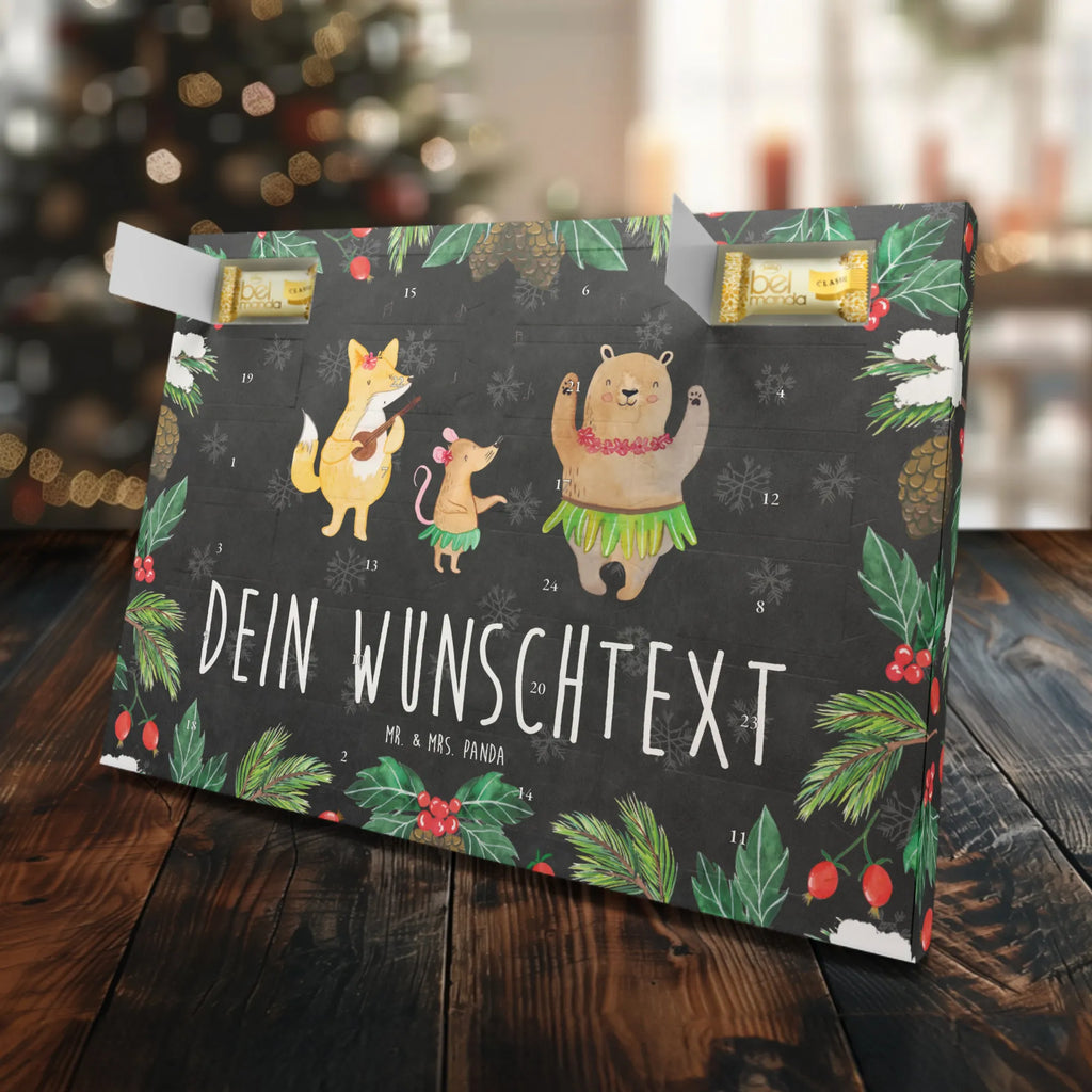 Personalisierter Marzipan Adventskalender Waldtiere Aloha Personalisierter Marzipan Adventskalender, Tiermotive, Gute Laune, lustige Sprüche, Tiere, Wald, Tanzen, Aloha, Waldtiere, Bär, Leben, Hase, Musik, Igel, Lachen