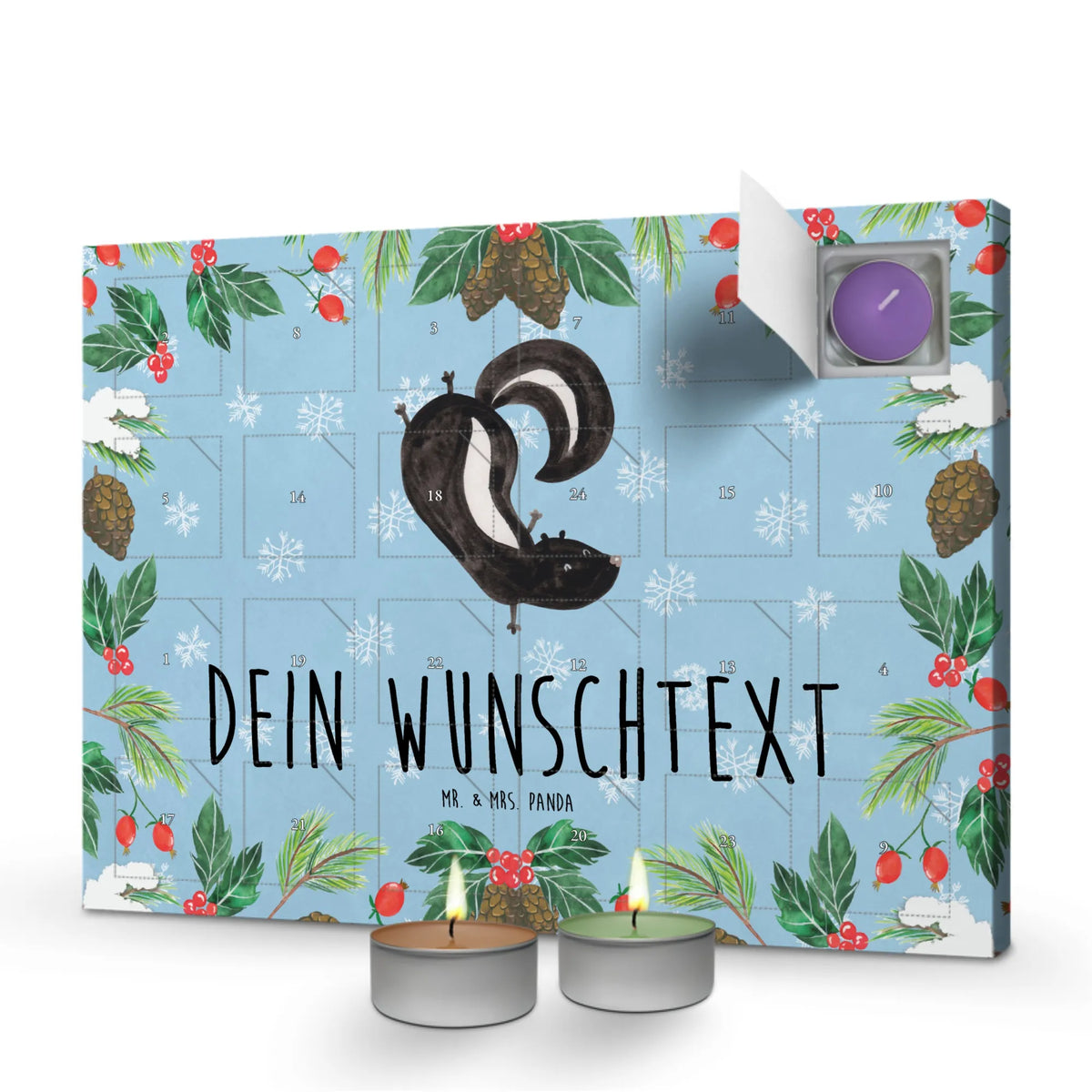 Personalisierter Duftkerzen Adventskalender Stinktier Handstand|p:1820581|h:e43fab0e80053d38427c2dfe4ca6e7f1
