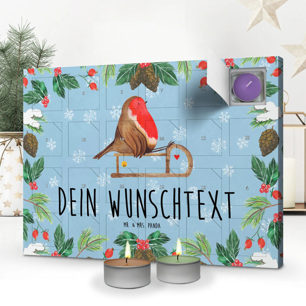 Personalisierter Duftkerzen Adventskalender Rotkehlchen Schlitten Personalisierter Duftkerzen Adventskalender, Advent, Heiligabend, Winter, Wintermotiv, Weihnachten, Weihnachtsdeko, Nikolaus, Schlitten, Vogel