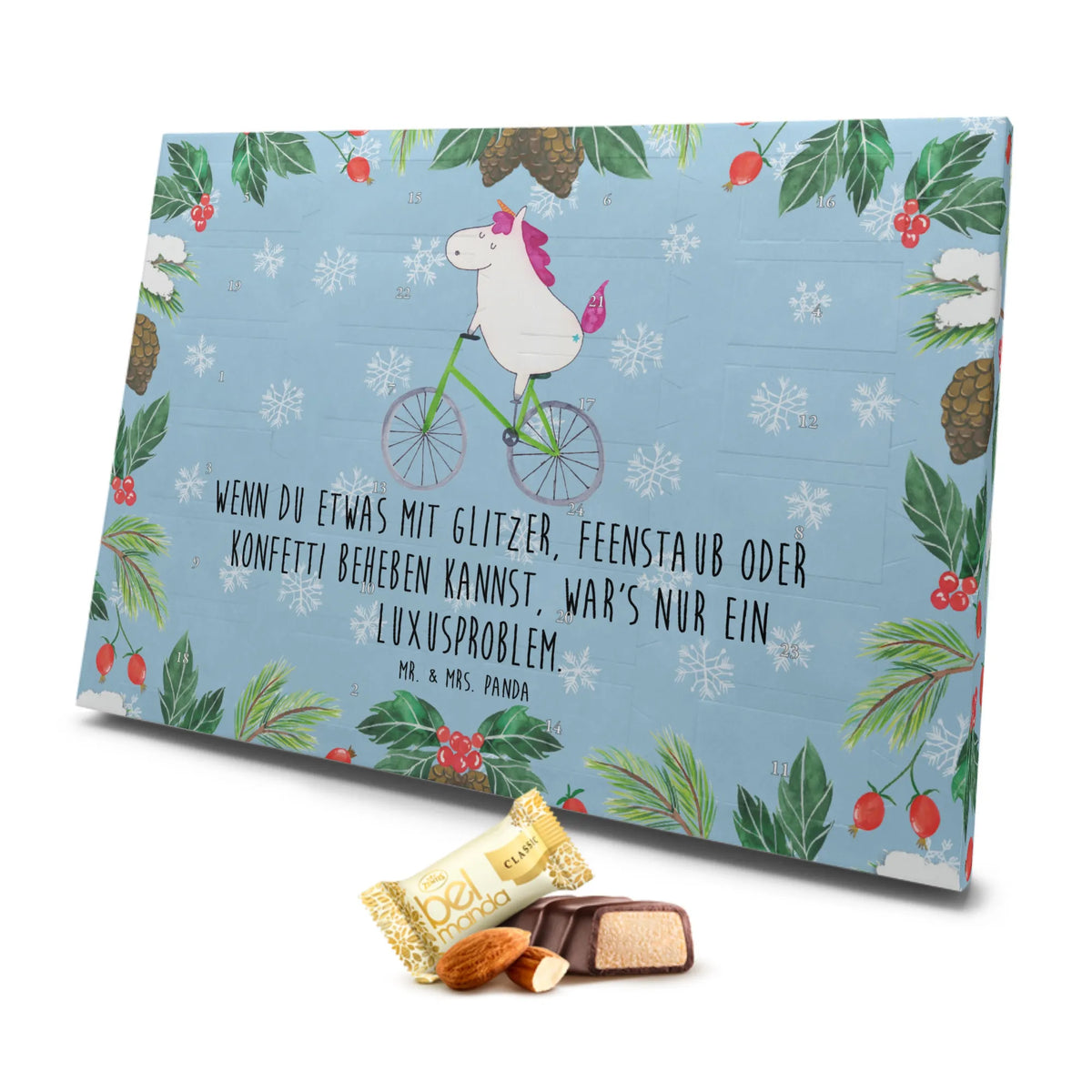 Marzipan Adventskalender Einhorn Radfahrer Marzipan Adventskalender, Einhorn, Einhörner, Einhorn Deko, Unicorn, Bike, Kummer, Feenstaub, Luxusproblem, Radfahren, Rad, Radfahrer, Konfetti, Liebeskummer