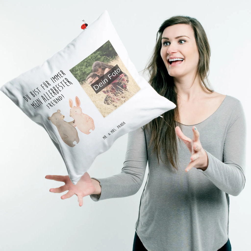 Personalized Photo Pillow bear and rabbit Embrace Personalisiertes Foto Kissen, Liebe, Partner, Freund, Freundin, Ehemann, Ehefrau, Heiraten, Verlobung, Heiratsantrag, Liebesgeschenk, Jahrestag, Hocheitstag, Bär, bester Freund, Hase, Bärchen, best friends, Freunde